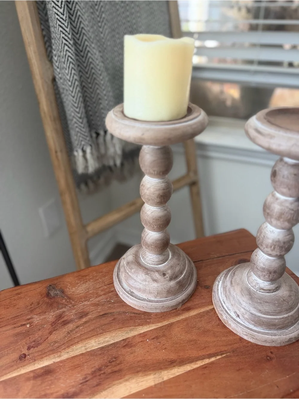 Whitewashed Wood Bobbin Candle Holders Set of 2 Boho Farmhouse